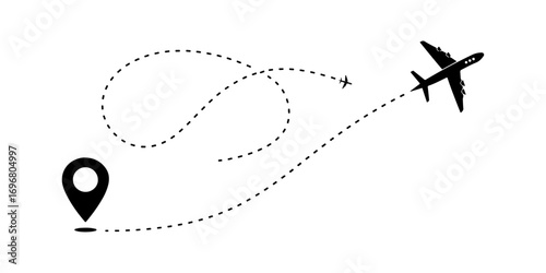 Travel concept Dotted path airplane  Aircraft tracking planes, travel, map pins, location pins vector collection isolated on transparent background.