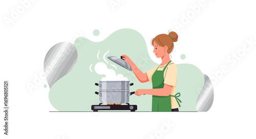 Woman Preparing Dinner with Steaming Pot on Stove in Simplified, Modern Style Illustration