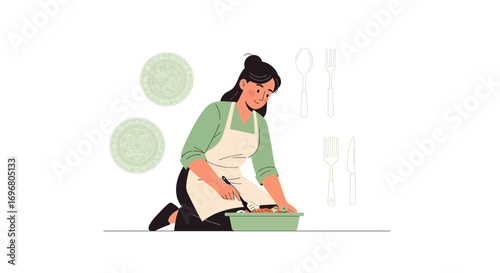 Woman Preparing Food in Kitchen, Vector Illustration of Culinary Activities