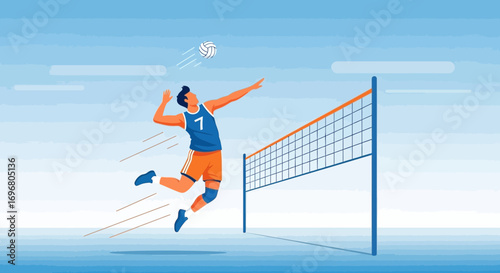 Volleyball Athlete Spiking Ball Near Net in Vector Ilustraion in Modern Athletic Style