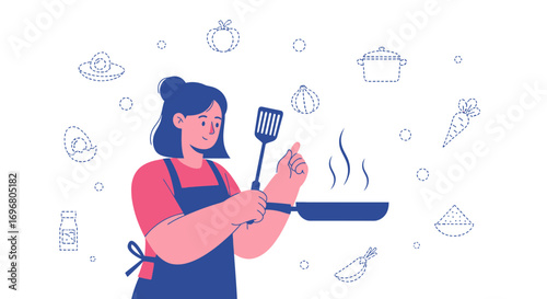 Woman Preparing Food In Pan, Vector Illustration, Cooking, Culinary  Concept Art