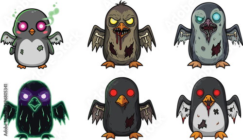 Cartoon zombie birds vector with glowing eyes, tattered feathers, creepy beaks, undead style, horror theme, spooky animal illustration set