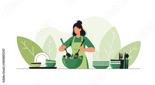 Woman Preparing Fresh Salad In Kitchen: Healthy Eating And Delicious Food Preparation Illustrated