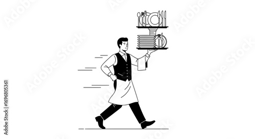 Waiter Carrying Dishes Effortlessly in Motion Delivering Service with Speed and Elegance