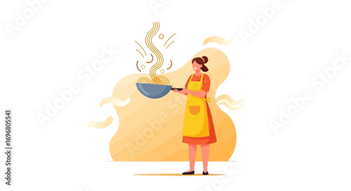 Woman Preparing Tasty Meal in Kitchen Cooking Noodles with Simple Illustration