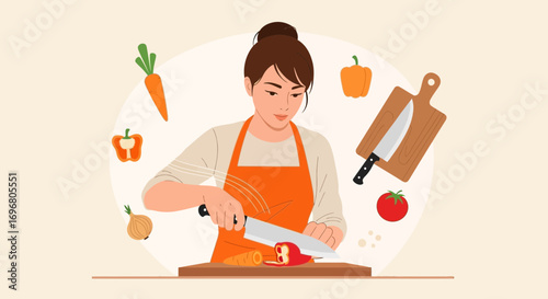 Woman Preparing Vegetables With Knife And Cutting Board For Healthy Cooking Illustration