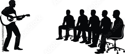 Guitar player performing for seated audience in silhouette vector, showing musical engagement, entertainment, and emotional connection in group setting.