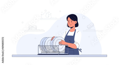 Woman Stacking Clean Dishes In Modern Kitchen After Washing In Apartment Lifestyle
