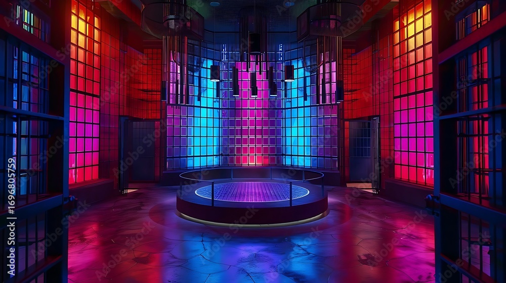 Fototapeta premium Illuminated stage with colorful lights and grid backdrop in a vibrant and modern setting on transparent background silhouette