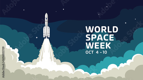 Vector art of world space week illustration featuring a rocket ascending into the dark sky amidst clouds and stars