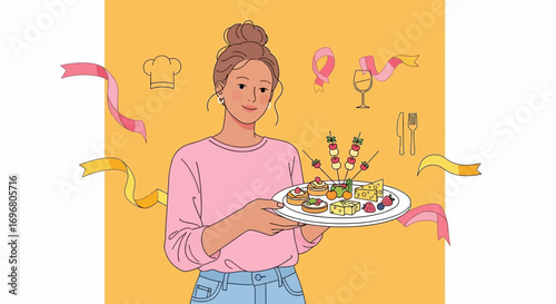 Woman Presents Plate of Appetizers with Ribbons and Wine Glass on Yellow Background