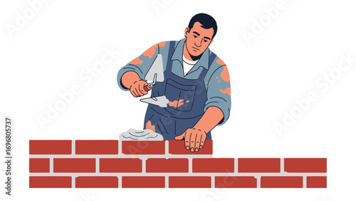 Bricklaying Craftsman: A skilled craftsman meticulously applies mortar to a brick, embodying the essence of building and construction with focused effort and dedication. 