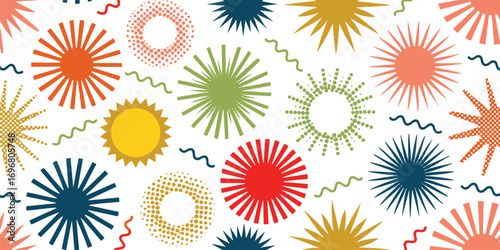 Vibrant sunburst patterns and playful waves create a cheerful, modern abstract design with a retro feel