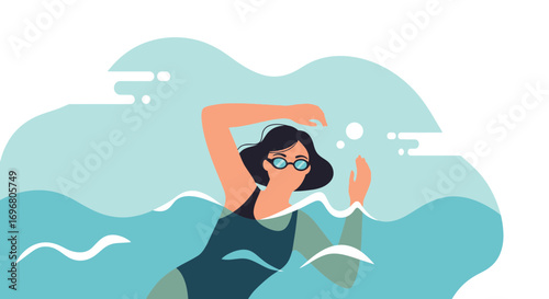 Woman Swimming Effortlessly in Flowing Water, Enjoying Water Sports in the Summer Heat