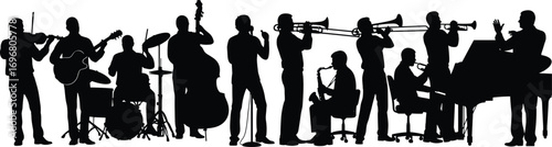 Jazz band silhouette vector with eleven musicians playing diverse instruments, capturing live performance energy, collaboration, and artistic ensemble themes.