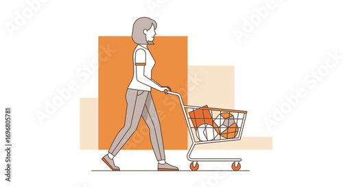 Woman Pushing Shopping Cart with Food Products And Sporting Goods Minimal Abstract Illustration