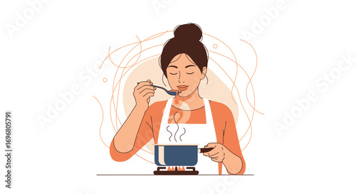 Woman Tasting Food From Cooking Pot, Culinary Joy Evident in Kitchen Scenario