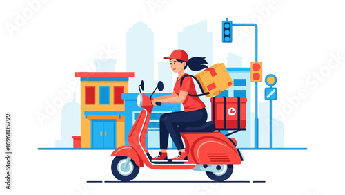 Swift Courier: A vibrant and energetic illustration of a delivery person zipping through the city streets on a retro scooter, laden with packages ready for their destinations.