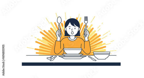 Woman Ready To Eat Dinner With Utensils In Hands, Illustration Over White