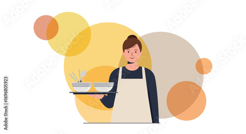 Waitress Holding Tray With Bowls In A Restaurant Setting, Preparing Meals For The Customers