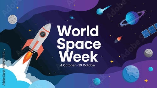 Vector art of world space week illustration with rocket, planets, stars, and satellite in a vibrant cosmic background celebrating space exploration and discovery