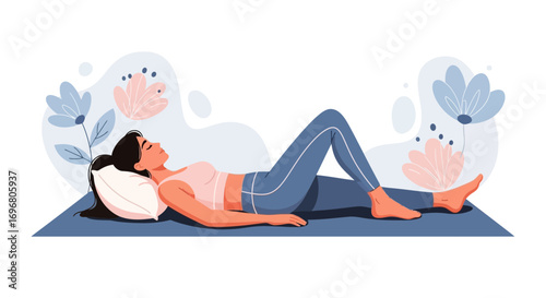 Woman Relaxing And Meditating Amidst Floral Elements Showing Serenity And Stillness.