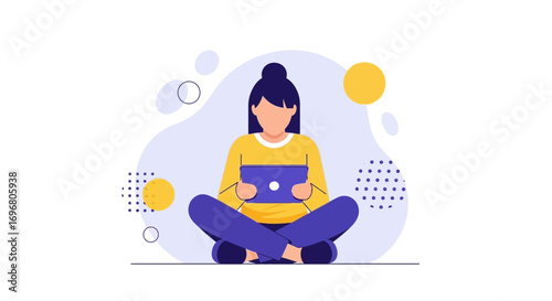 Woman Using Tablet In Lotus Position Under Abstract Geometric Shapes Illustration