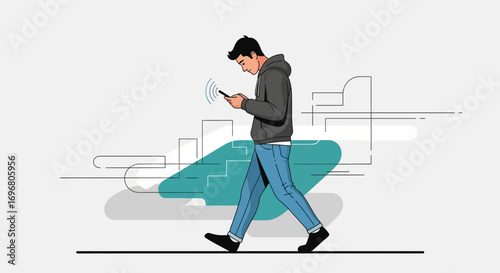 Walking Man Animated With Phone Connecting To Network Smart City Context Illustration