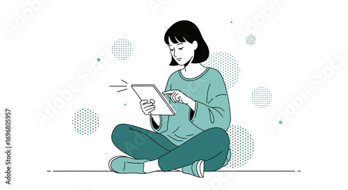 Woman Using Tablet while Sitting with Legs Crossed, Connected to Technology