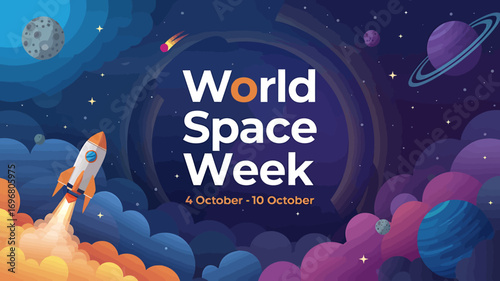 Vector art of world space week illustration with a rocket launching into the cosmos, featuring planets, stars, and nebulae in a vibrant gradient background