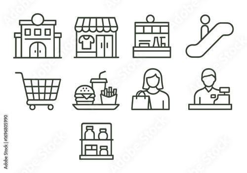 Shopping and retail icons: storefronts, cart, escalator, food, and people