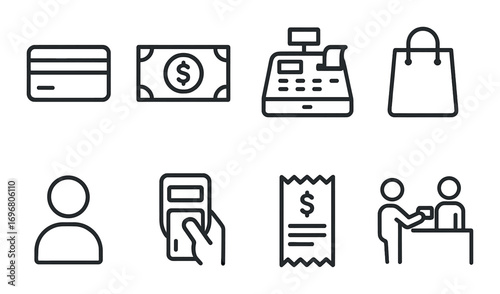 Monochrome retail icons: credit card, cash, register, shopping bag, user, payment, receipt, transaction
