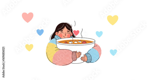 Warmth And Comfort: Young Woman Embracing Bowl Of Delightful Nourishment
