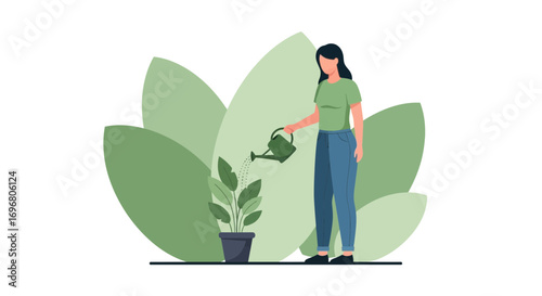 Woman Watering Plant: A Minimalist Illustration Demonstrating Gardening and Nature's Care