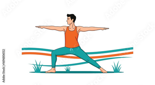 Warrior Pose Performed By A Man With Arms Extended During Exercise Routine Practice