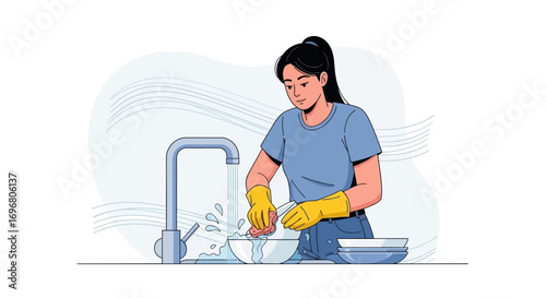 Woman Washing Dishes in The Kitchen, Modern Illustration of Daily Routine Activities