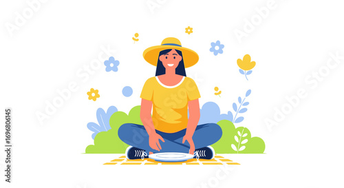 Woman Relaxing Outdoors on a Blanket with Floral Decorations in Summer Time