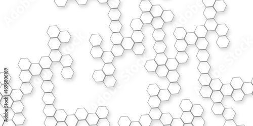 A pattern of white hexagon shapes arranged subtle shadows that create a three-dimensional, layered effect, the geometric repetition and depth of the hexagonal grid.	