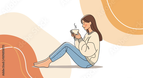 Woman Relaxing While Sipping Coffee, Enjoying Moment in Cozy Atmosphere Illustration