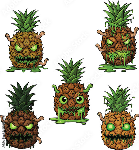 Grotesque horror pineapples with glowing eyes, severed fingers, and monstrous faces in eerie green slime vector illustration for Halloween design