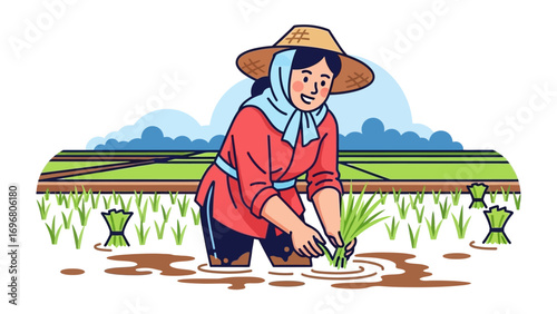 Agricultural Harvest: In a vibrant illustration, a dedicated farmer tends to a paddy field, planting seedlings with practiced hands, embodying the essence of agricultural labor.