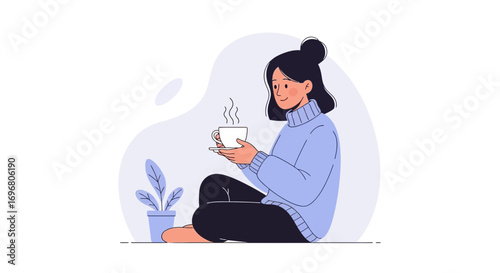 Woman Relaxing With Coffee Cup: Cozy Lifestyle, Peaceful Moment, Enjoying Warm Drink Illustration
