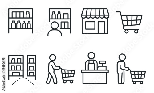Shopping icons: store, cart, shelf, cashier, customer figures in monochrome design