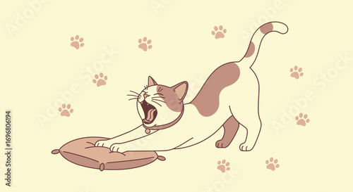 Whimsical Cat Stretching On A Pillow With Paw Prints Adorning The Background