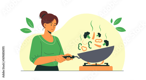 Woman With Greens Cooking In A Pan, Healthy Food Illustration, Colorful Composition