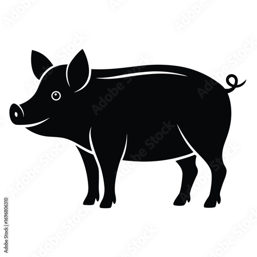Black Pig Silhouette Standing Profile View on White Background swine farm animal
