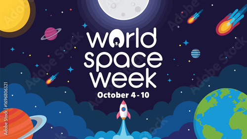 Vector art of world space week illustration with rocket launching into starry sky with planets and comets