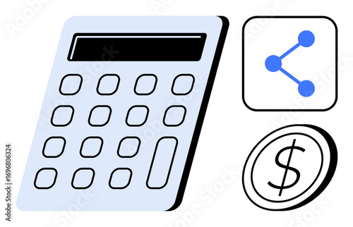Calculator with keypad, coin symbolizing money, and share icon for connectivity. Ideal for finance, budgeting, digital tools, collaboration, profitability, technology and simple landing page