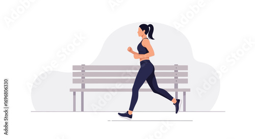 Woman Running In Park Achieving Fitness Goals With A Bench In The Background