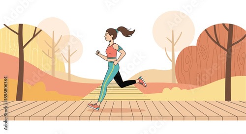 Woman Running In Park During Autumnal Sunshine Perfect For Website Banner